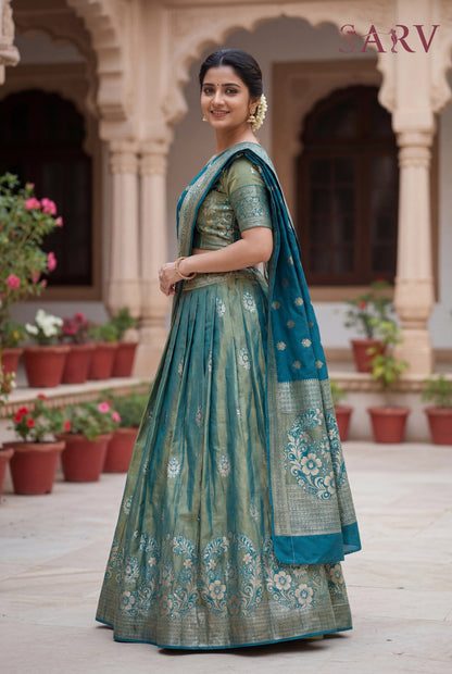 Elegant Teal Banarasi silk Lehenga Set