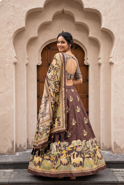 Brown Dola Silk Digital Print Lehenga Choli with Designer Heritage Print Dupatta