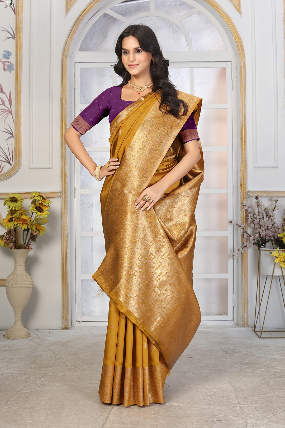 Golden Mustard Jacquard Silk Saree with Rich Gold Zari