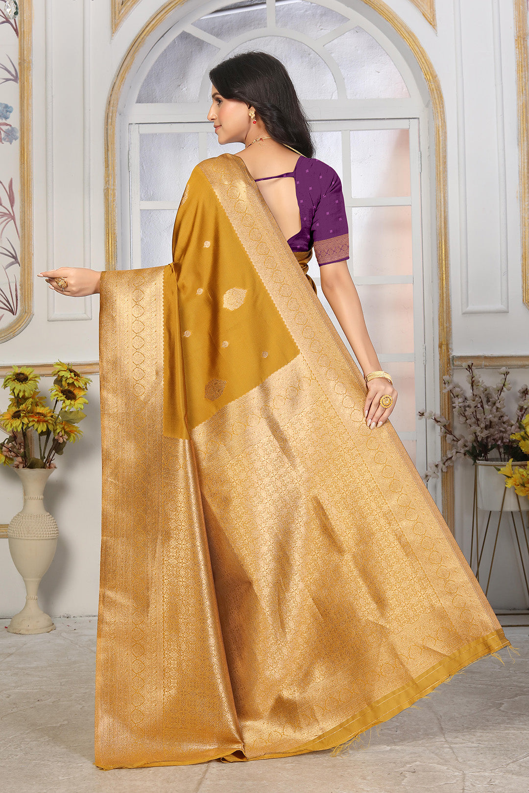 Golden Mustard Jacquard Silk Saree with Rich Gold Zari