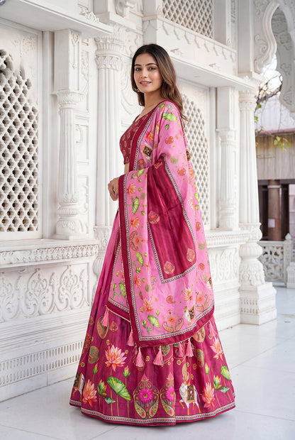 Premium Rani Pink Dola Silk Digital Print Lehenga Choli with Floral Designer Dupatta