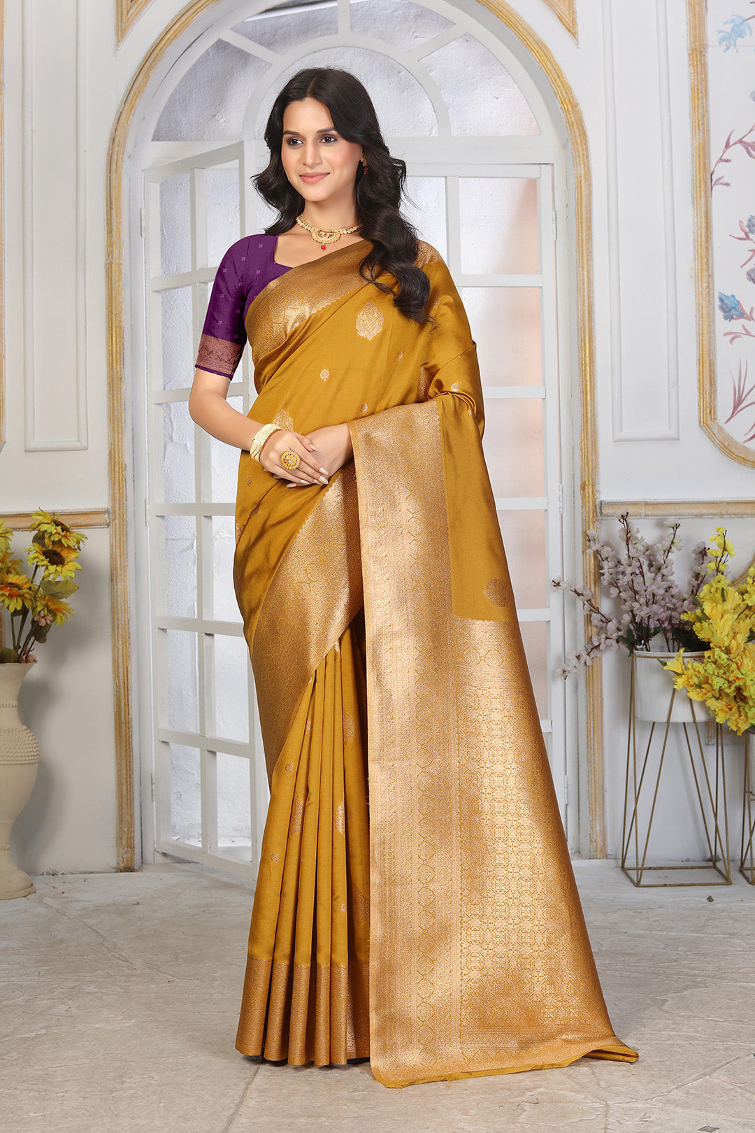 Golden Mustard Jacquard Silk Saree with Rich Gold Zari
