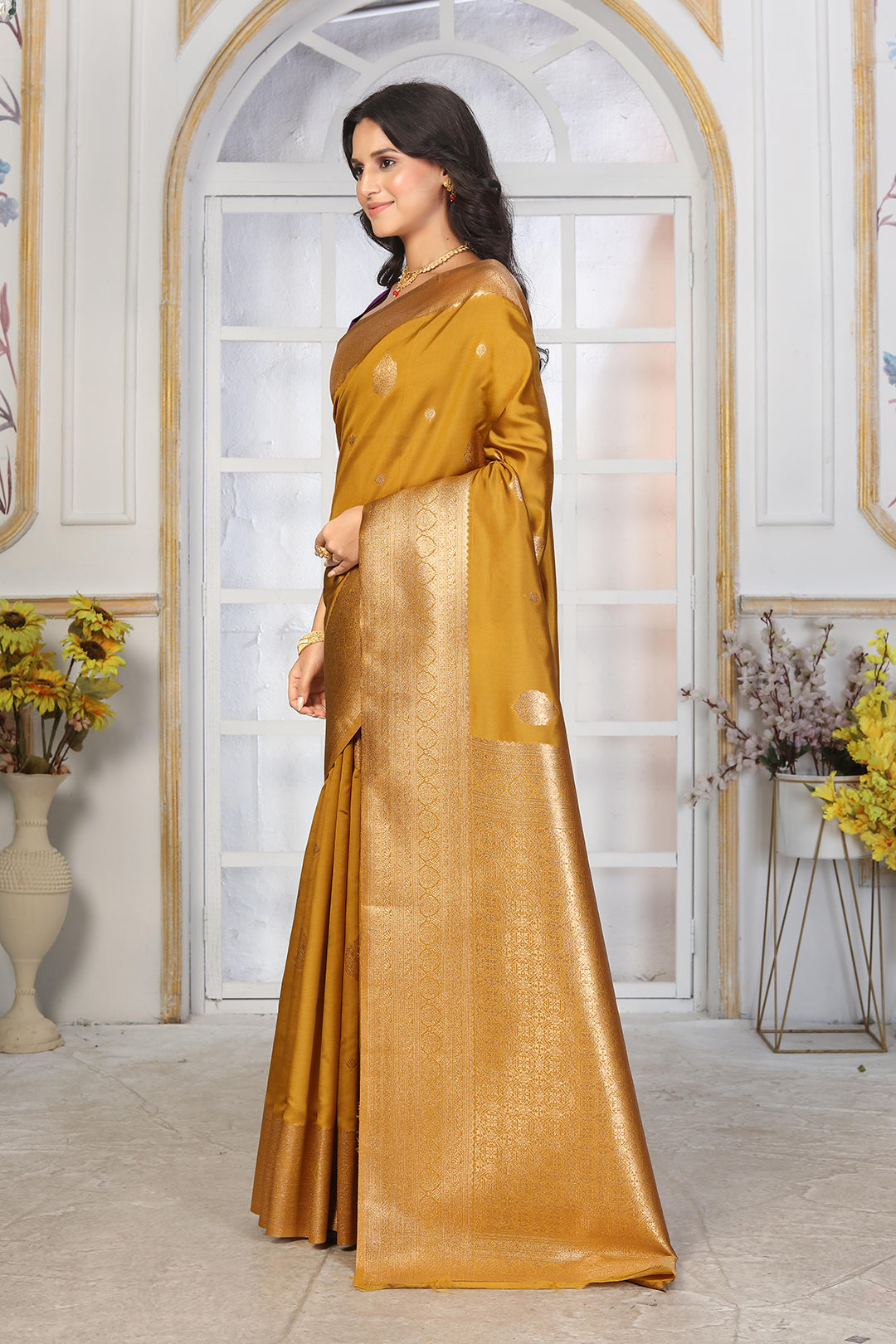 Golden Mustard Jacquard Silk Saree with Rich Gold Zari