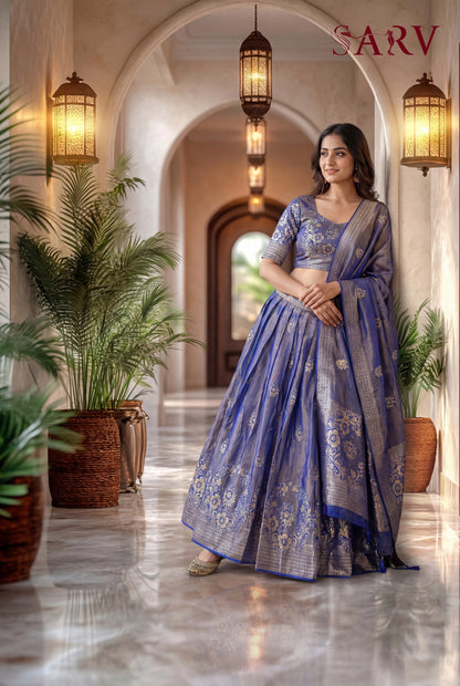 Royal Blue Banarasi Silk Lehenga Set With Zari Woven Motifs