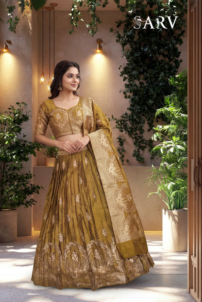 Royal Mustard Gold Banarasi Silk Lehenga Set With Zari Woven Design