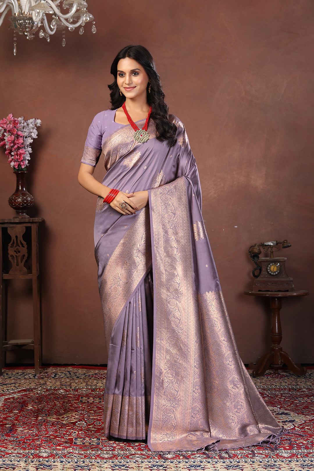 Lavender Grey Jacquard Silk Saree with Subtle Rose Gold Zari Work