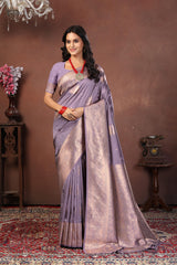 Lavender Grey Jacquard Silk Saree with Subtle Rose Gold Zari Work