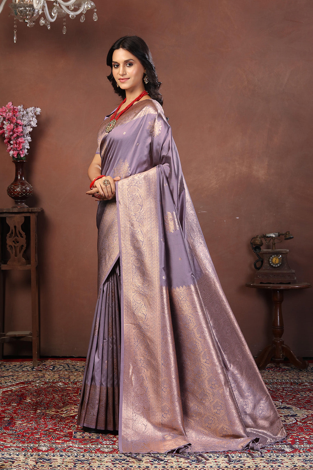 Lavender Grey Jacquard Silk Saree with Subtle Rose Gold Zari Work