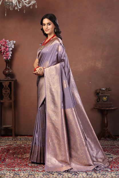 Lavender Grey Jacquard Silk Saree with Subtle Rose Gold Zari Work