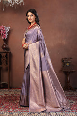 Lavender Grey Jacquard Silk Saree with Subtle Rose Gold Zari Work