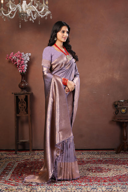 Lavender Grey Jacquard Silk Saree with Subtle Rose Gold Zari Work