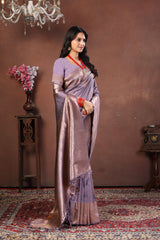 Lavender Grey Jacquard Silk Saree with Subtle Rose Gold Zari Work