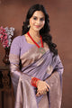 Lavender Grey Jacquard Silk Saree with Subtle Rose Gold Zari Work
