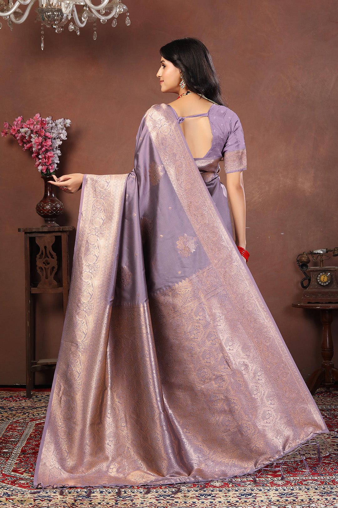 Lavender Grey Jacquard Silk Saree with Subtle Rose Gold Zari Work