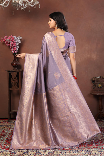 Lavender Grey Jacquard Silk Saree with Subtle Rose Gold Zari Work