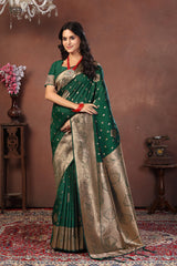 Emerald Green Jacquard Silk Saree with Intricate Antique Gold Zari Pallu