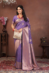Royal Lavender Jacquard Silk Saree with Rose Gold Zari and Traditional Motifs
