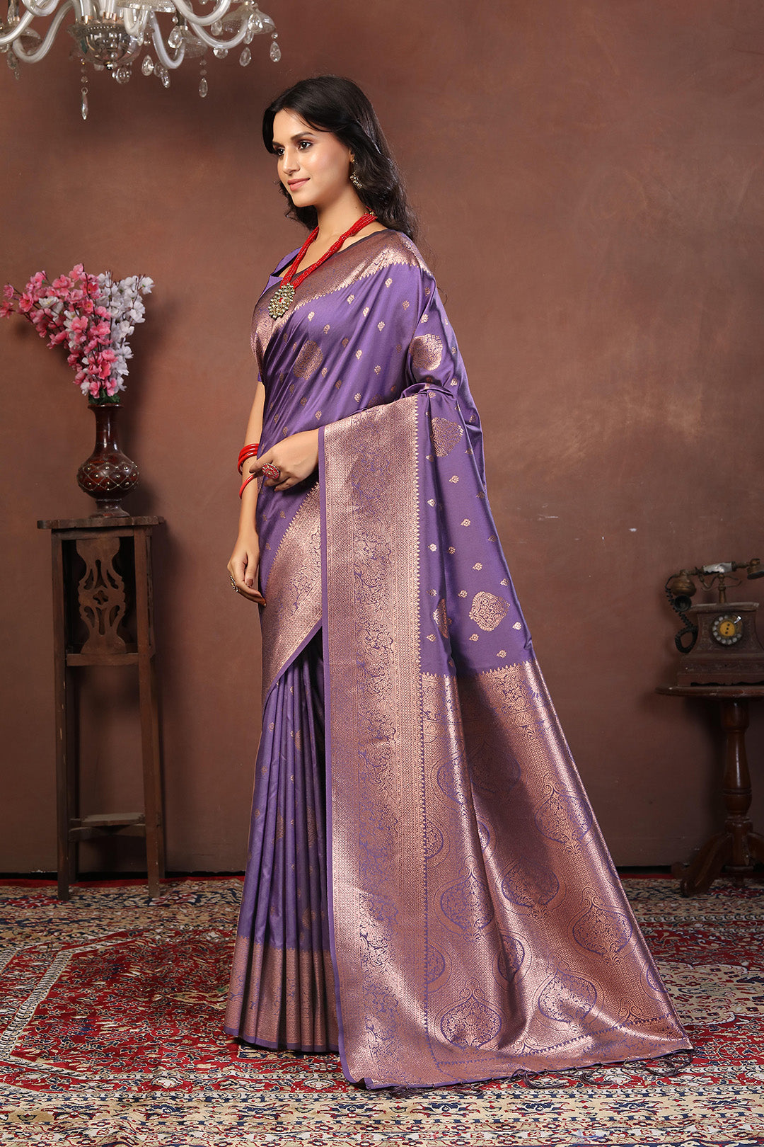 Royal Lavender Jacquard Silk Saree with Rose Gold Zari and Traditional Motifs