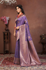 Royal Lavender Jacquard Silk Saree with Rose Gold Zari and Traditional Motifs