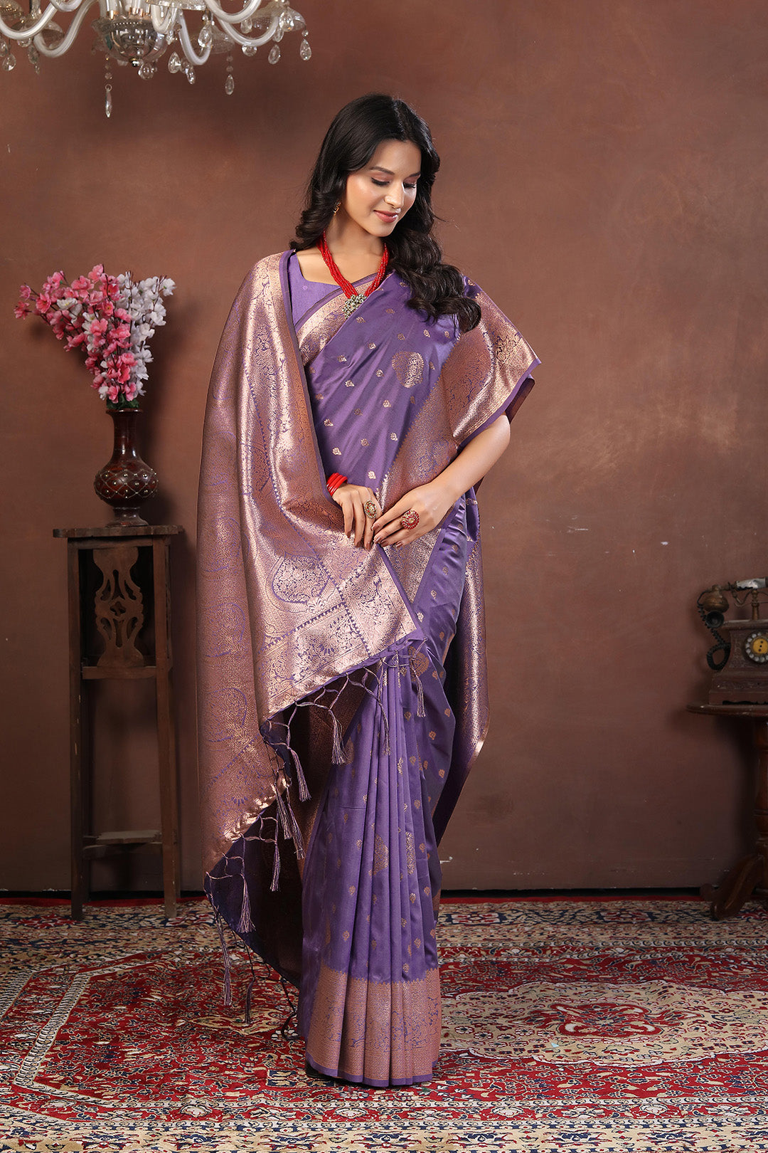 Royal Lavender Jacquard Silk Saree with Rose Gold Zari and Traditional Motifs
