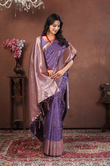 Royal Lavender Jacquard Silk Saree with Rose Gold Zari and Traditional Motifs