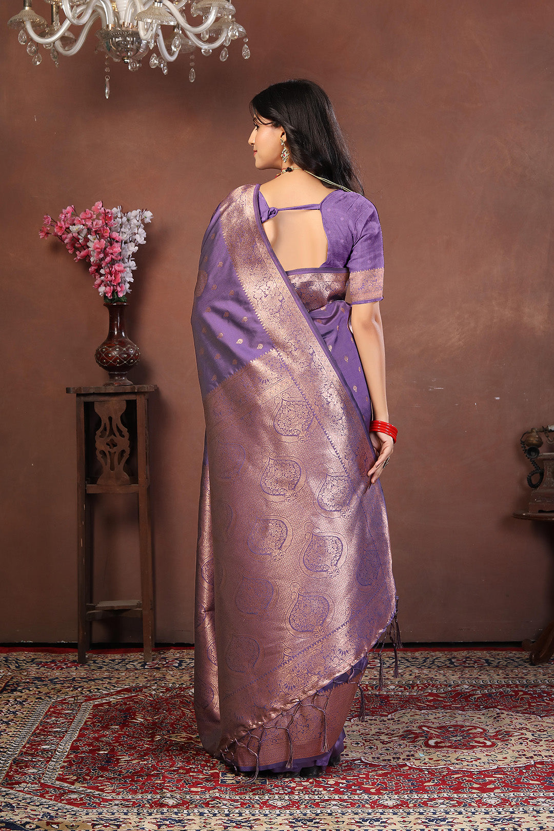 Royal Lavender Jacquard Silk Saree with Rose Gold Zari and Traditional Motifs