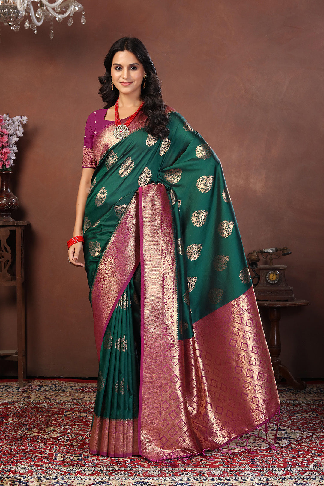 Bottle Green Jacquard Silk Saree with Dual-Tone Gold & Rani Pink Zari Border