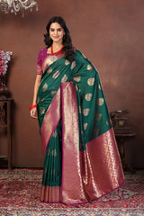 Bottle Green Jacquard Silk Saree with Dual-Tone Gold & Rani Pink Zari Border