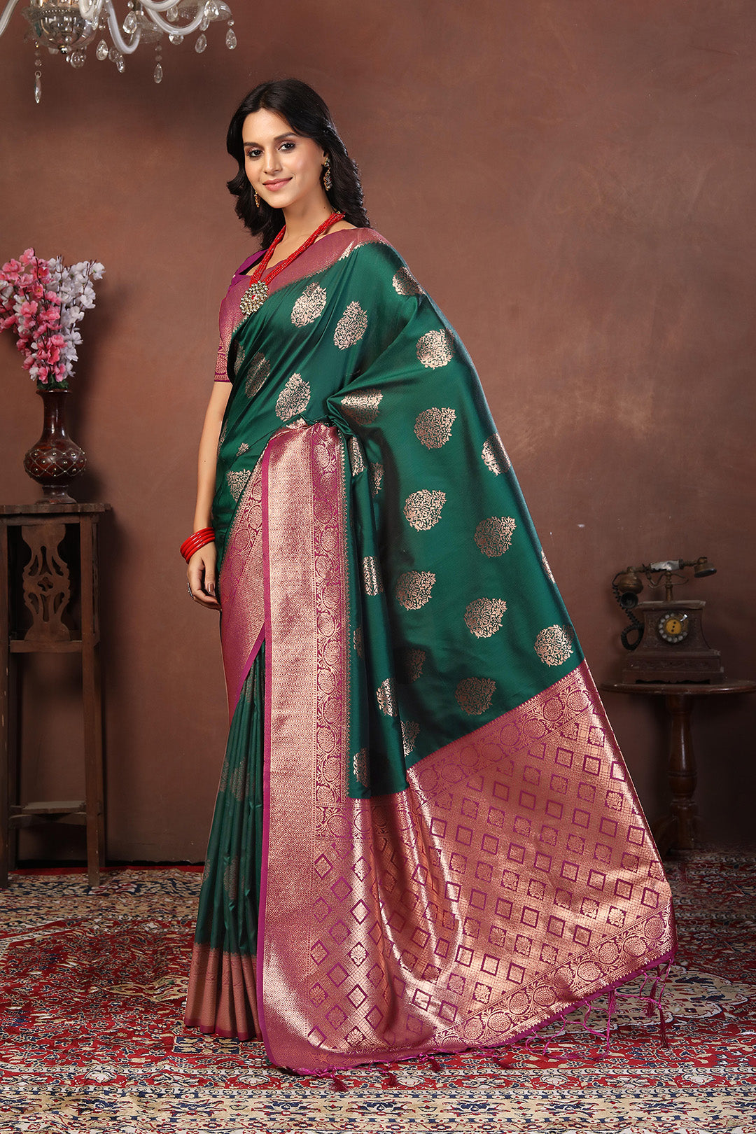 Bottle Green Jacquard Silk Saree with Dual-Tone Gold & Rani Pink Zari Border