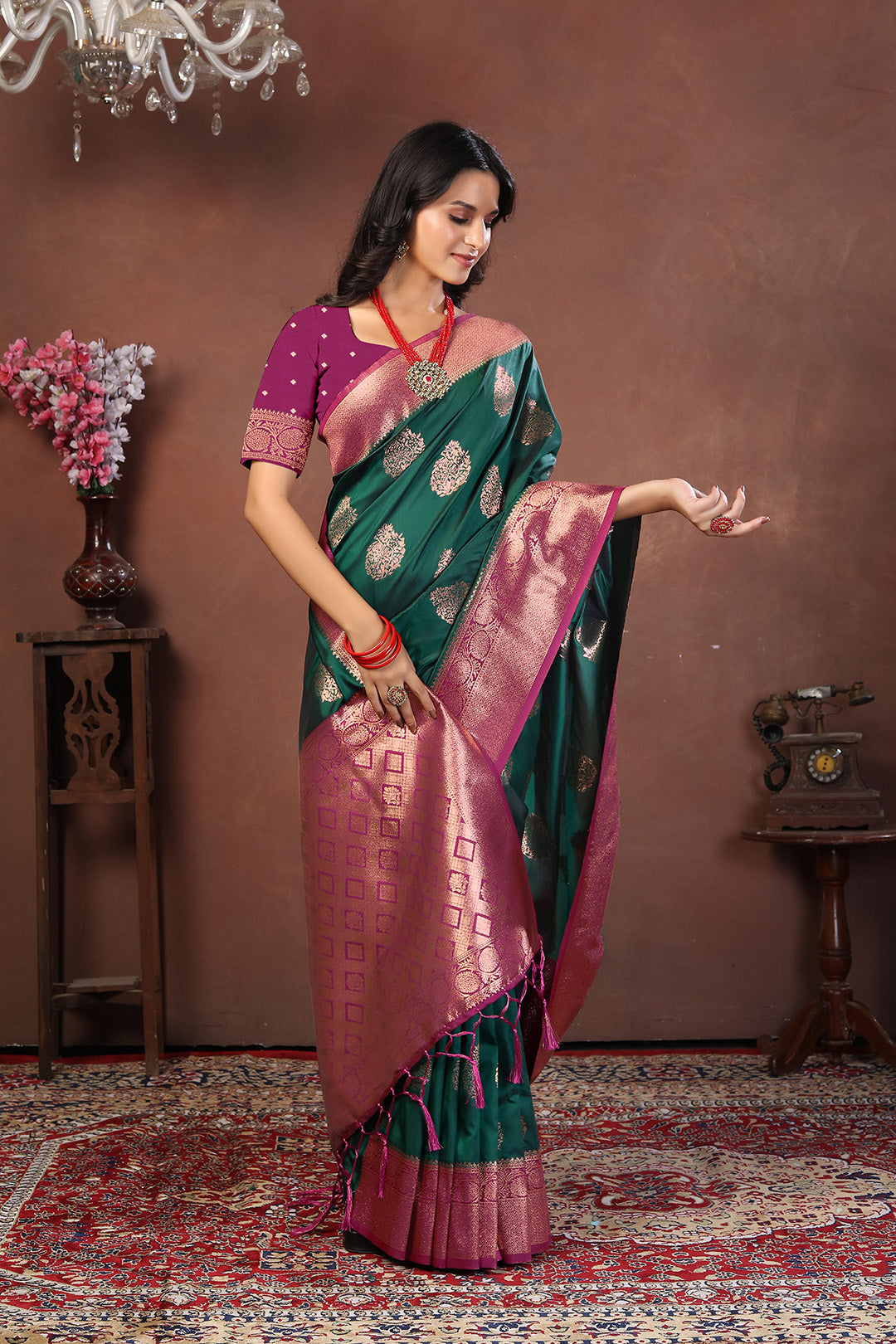 Bottle Green Jacquard Silk Saree with Dual-Tone Gold & Rani Pink Zari Border