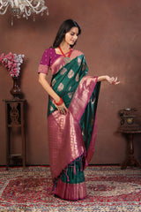 Bottle Green Jacquard Silk Saree with Dual-Tone Gold & Rani Pink Zari Border
