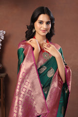 Bottle Green Jacquard Silk Saree with Dual-Tone Gold & Rani Pink Zari Border