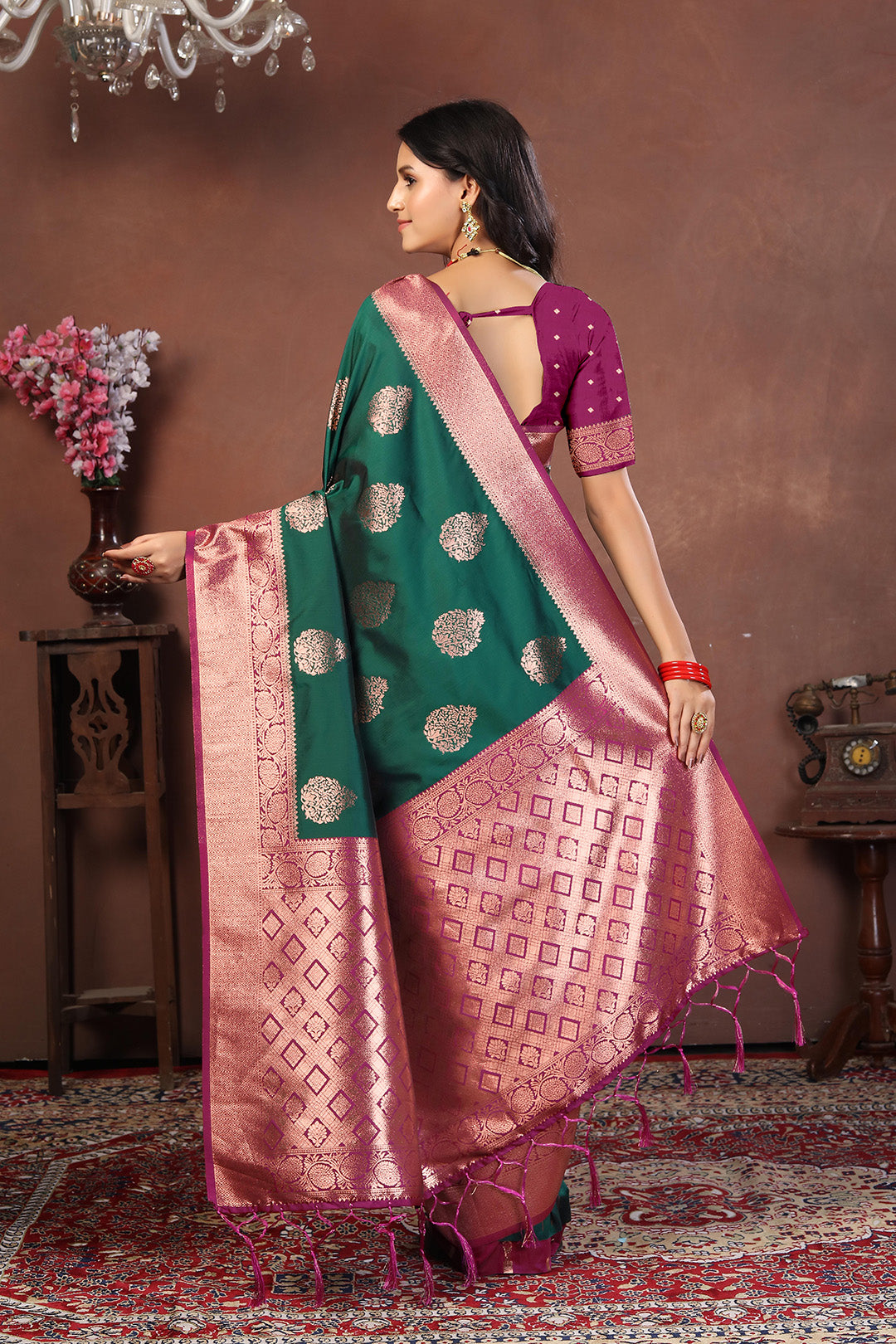 Bottle Green Jacquard Silk Saree with Dual-Tone Gold & Rani Pink Zari Border