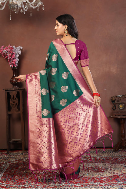 Bottle Green Jacquard Silk Saree with Dual-Tone Gold & Rani Pink Zari Border