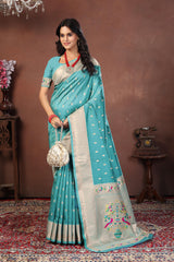 Turquoise Blue Paithani Silk Saree with Silver Zari and Multicolor Peacock Pallu