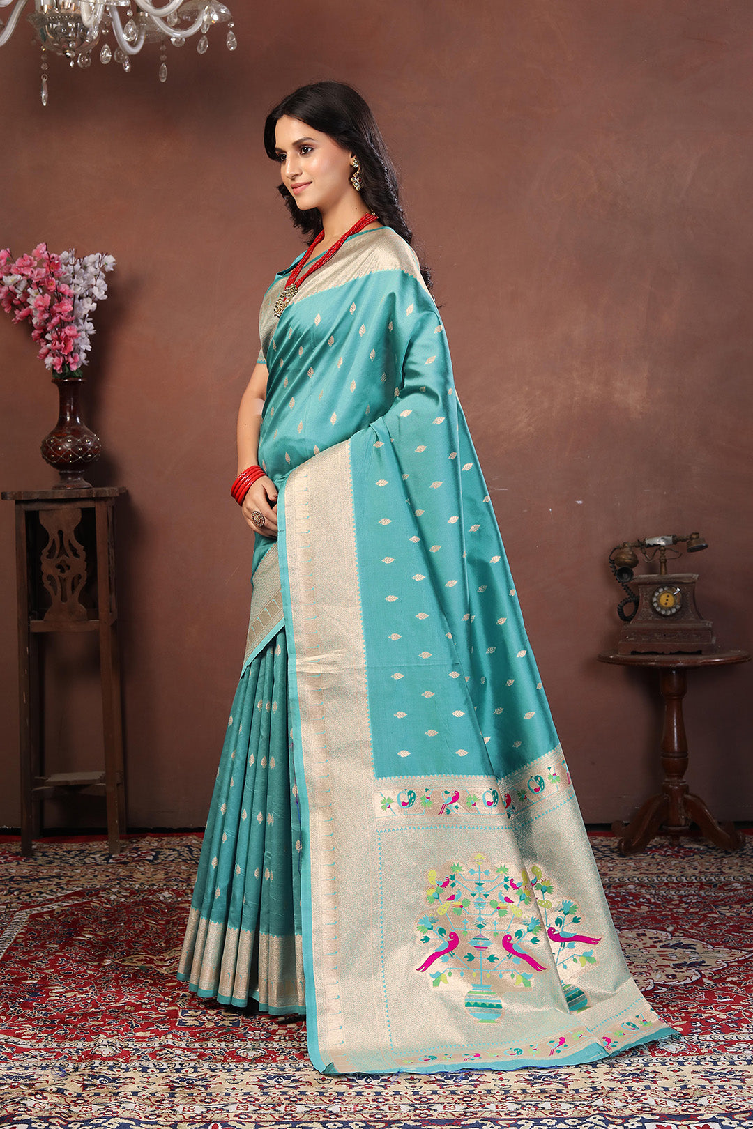 Turquoise Blue Paithani Silk Saree with Silver Zari and Multicolor Peacock Pallu
