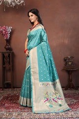 Turquoise Blue Paithani Silk Saree with Silver Zari and Multicolor Peacock Pallu