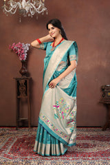 Turquoise Blue Paithani Silk Saree with Silver Zari and Multicolor Peacock Pallu