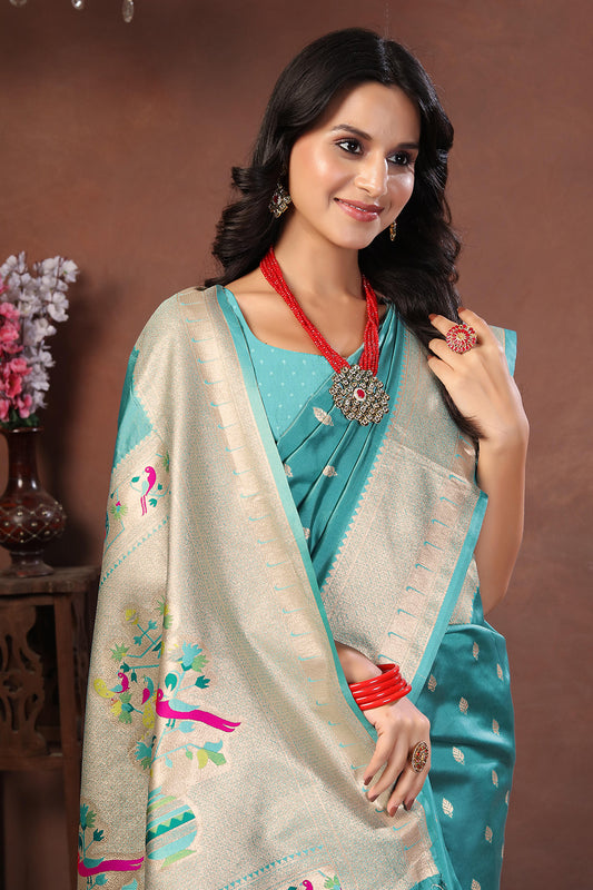 Turquoise Blue Paithani Silk Saree with Silver Zari and Multicolor Peacock Pallu
