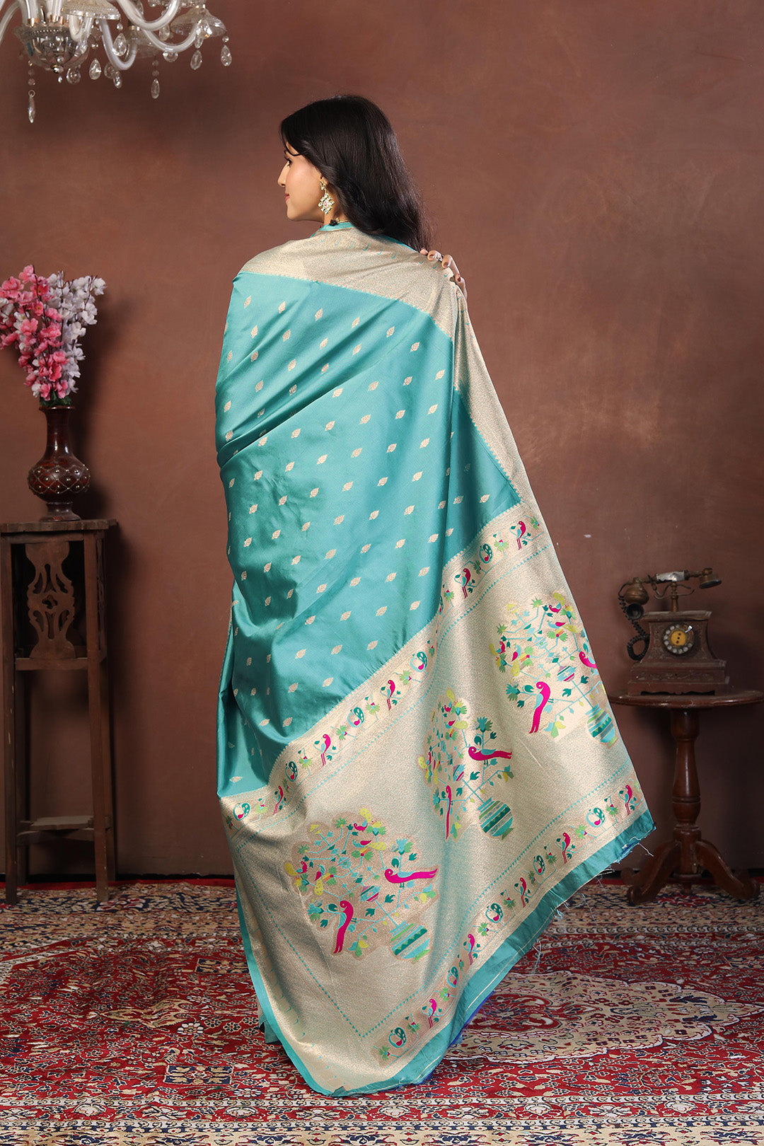 Turquoise Blue Paithani Silk Saree with Silver Zari and Multicolor Peacock Pallu