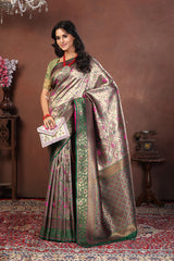 Silver Tissue Banarasi Silk Saree with Emerald Green & Rani Pink Meenakari Zari Work