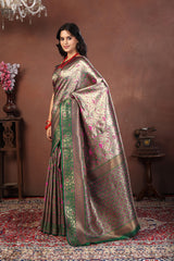 Silver Tissue Banarasi Silk Saree with Emerald Green & Rani Pink Meenakari Zari Work
