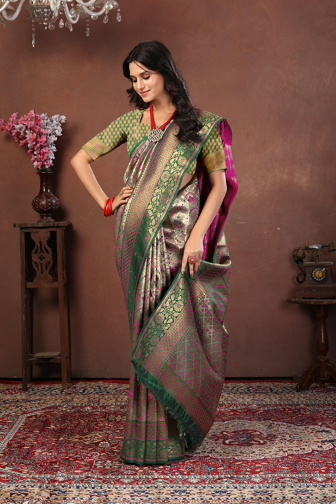 Silver Tissue Banarasi Silk Saree with Emerald Green & Rani Pink Meenakari Zari Work