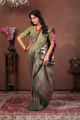 Silver Tissue Banarasi Silk Saree with Emerald Green & Rani Pink Meenakari Zari Work