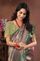 Silver Tissue Banarasi Silk Saree with Emerald Green & Rani Pink Meenakari Zari Work