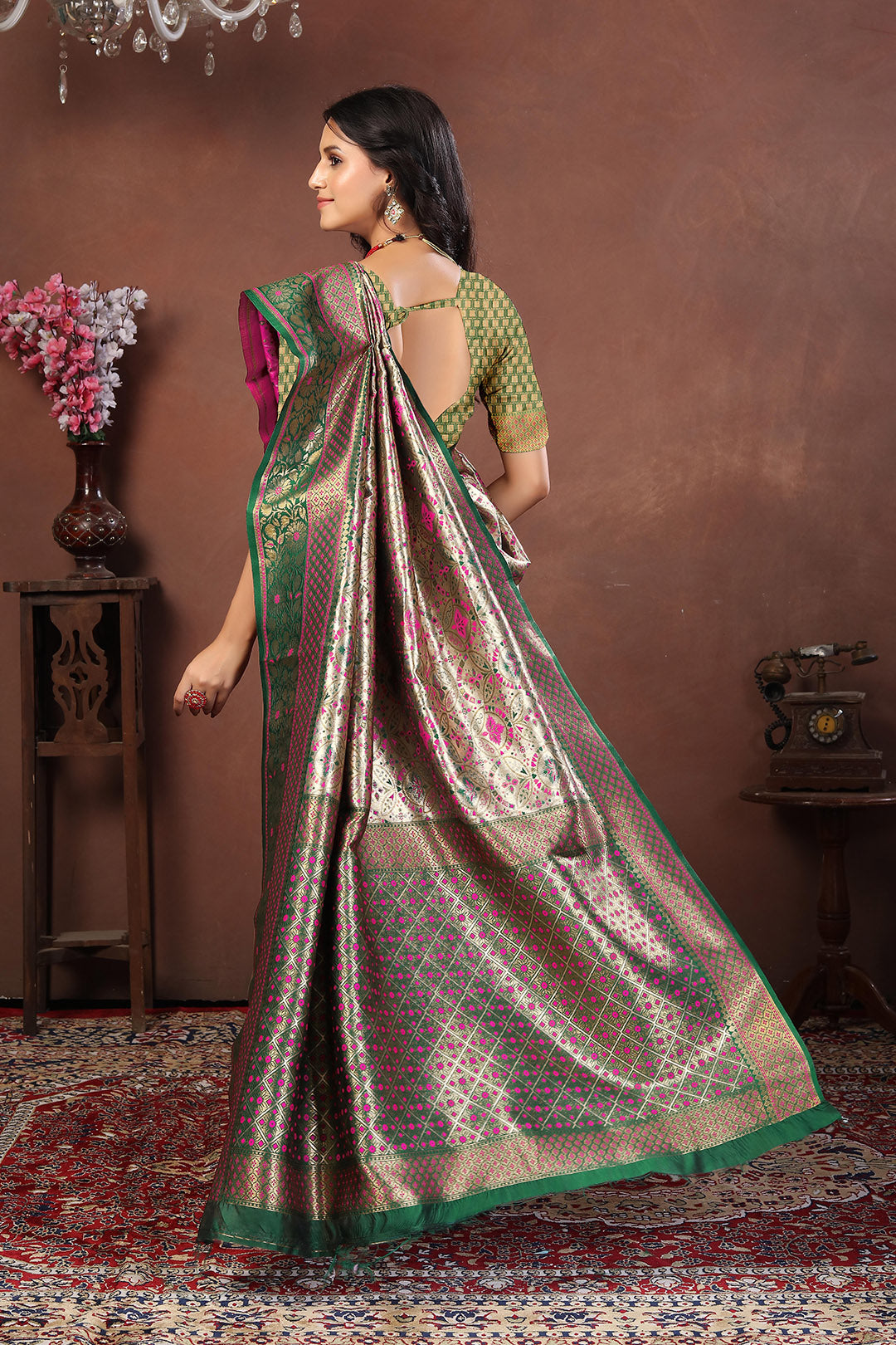 Silver Tissue Banarasi Silk Saree with Emerald Green & Rani Pink Meenakari Zari Work