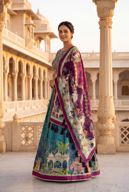 Teal Green Dola Silk Digital Print Lehenga Choli with Designer Printed Dupatta