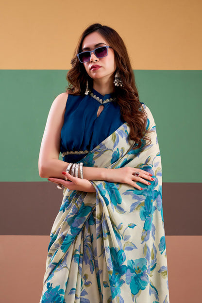 Premium Satin Silk Floral Printed Saree with Stitched Natural Silk Blouse | Elegant Party Wear (4 Colors)