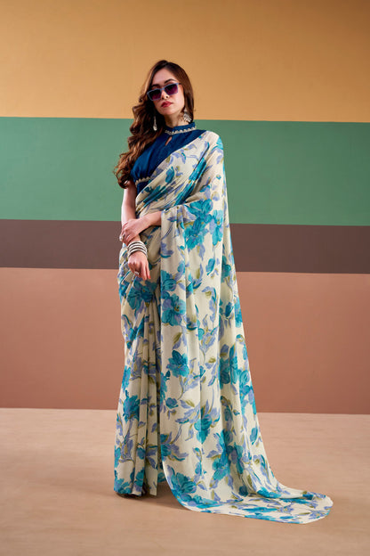 Premium Satin Silk Floral Printed Saree with Stitched Natural Silk Blouse | Elegant Party Wear (4 Colors)