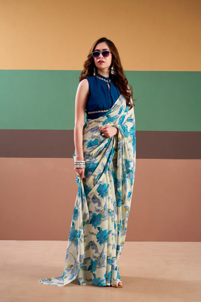 Premium Satin Silk Floral Printed Saree with Stitched Natural Silk Blouse | Elegant Party Wear (4 Colors)